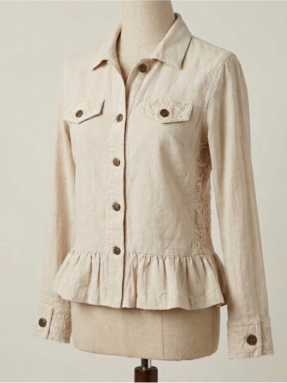Simply Noelle Linen Blend Button Down Peplum Top Lace Back Ruffle Shirt Boho XS